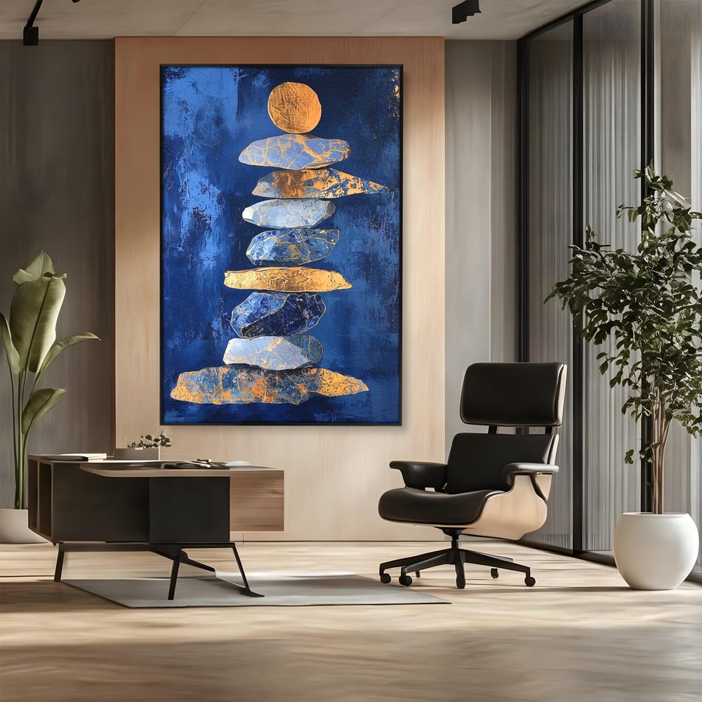 Tablou canvas cu tablou canvas cu stive de pietre si cerc auriu, in rama de aluminiu negru, pe perete intr-un birou